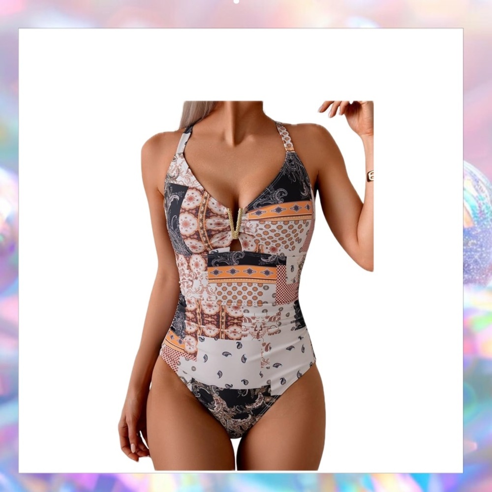 Eomenie Elegant Patchwork One Piece Swimsuit size Large NWT